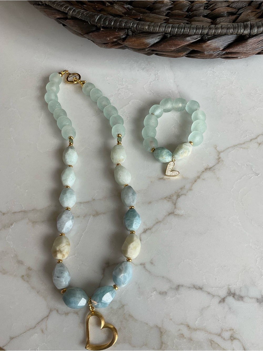 Gold Heart Pendant Faceted Aquamarine Bead Necklace and Bracelet Set